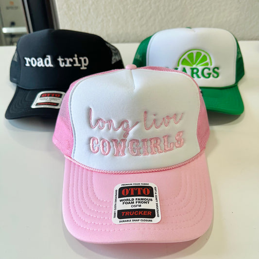 Embroidered Foam Trucker Hats Long Live Cowgirls, Road Trip, Margs