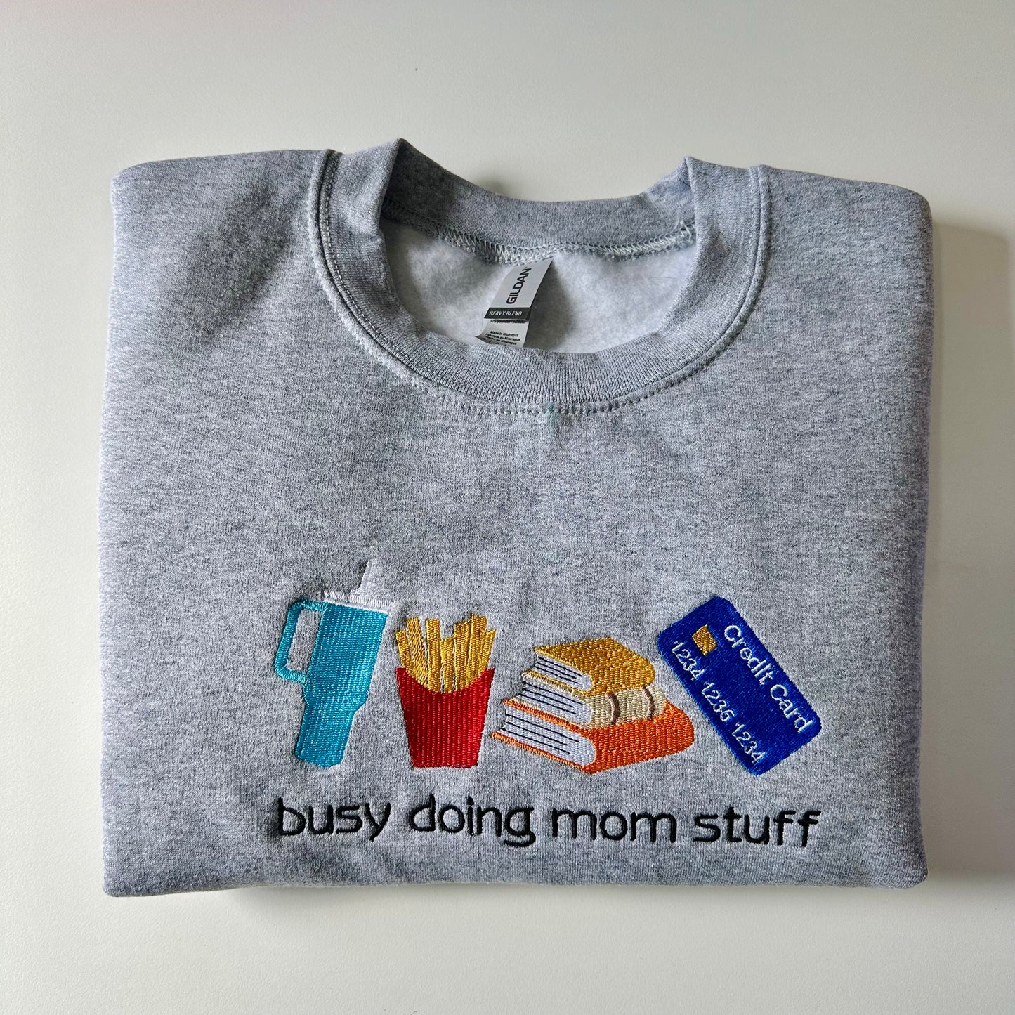 Busy Doing Mom Stuff Gray Embroidered Sweatshirt