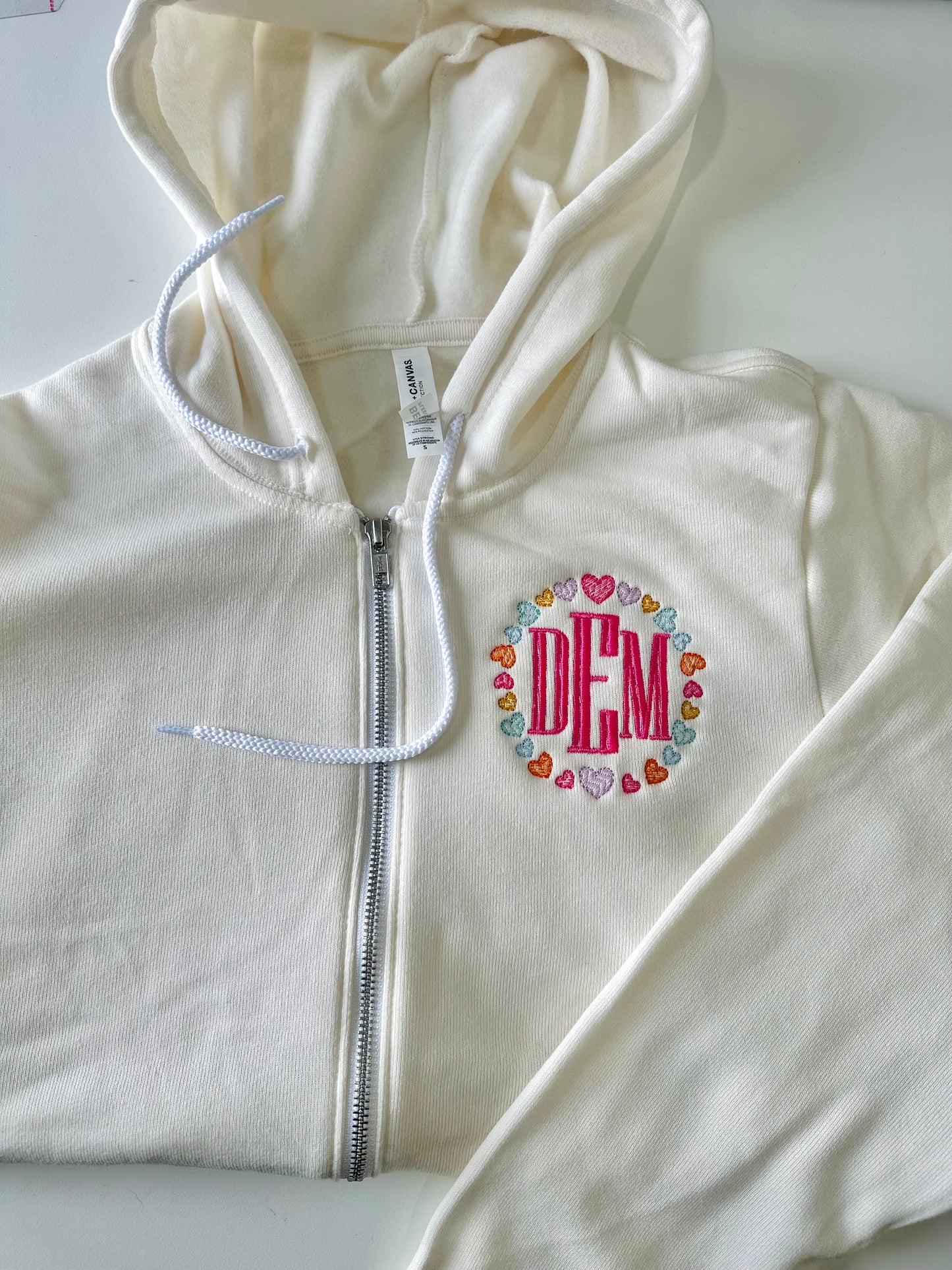 Personalized Initials Embroidered Full Zip Hoodie Valentine's Hearts