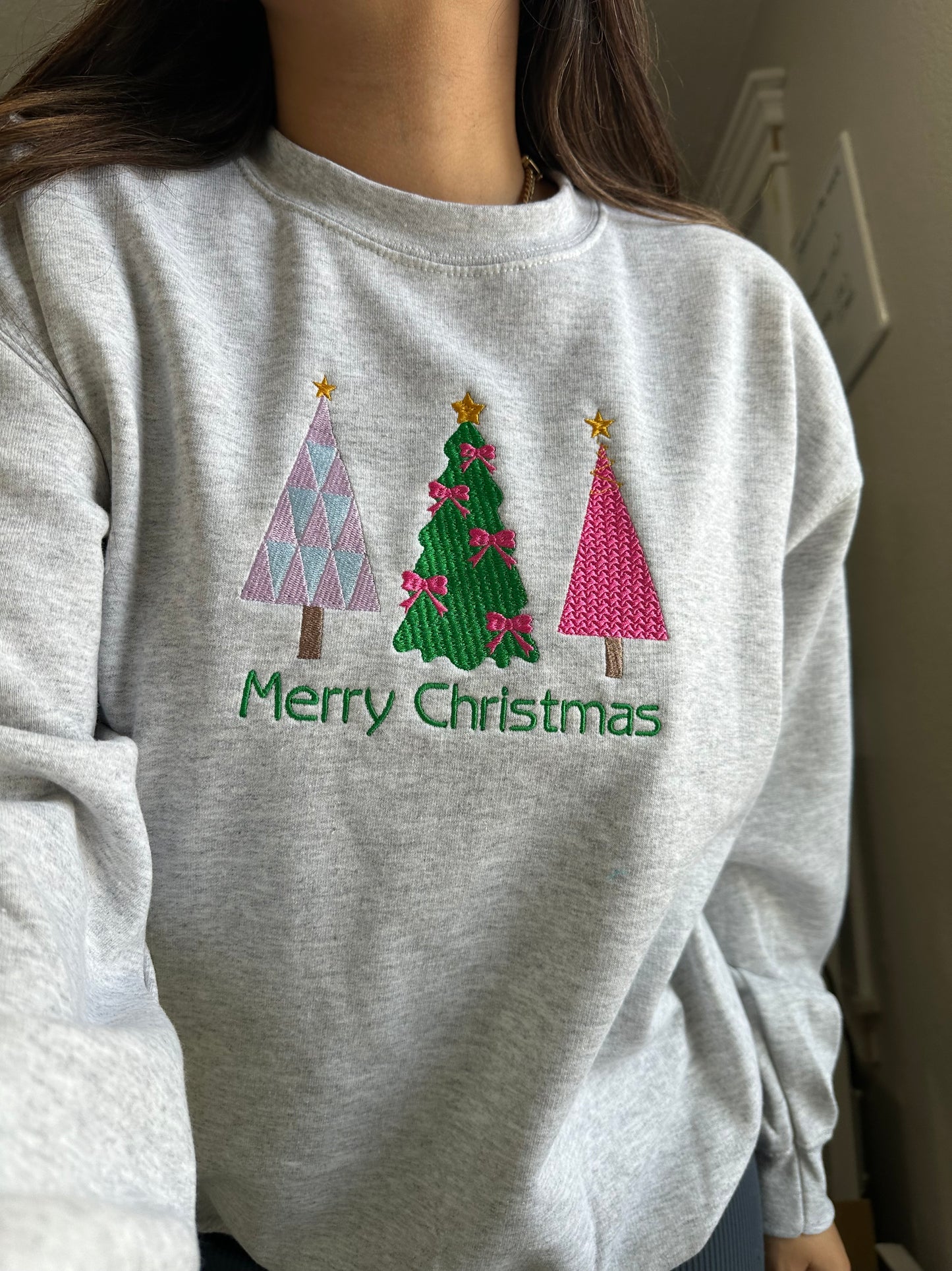 Merry Christmas Three Trees Embroidered Sweatshirt