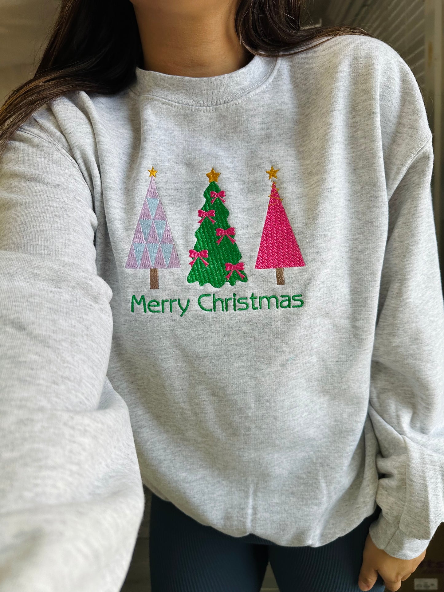 Merry Christmas Three Trees Embroidered Sweatshirt