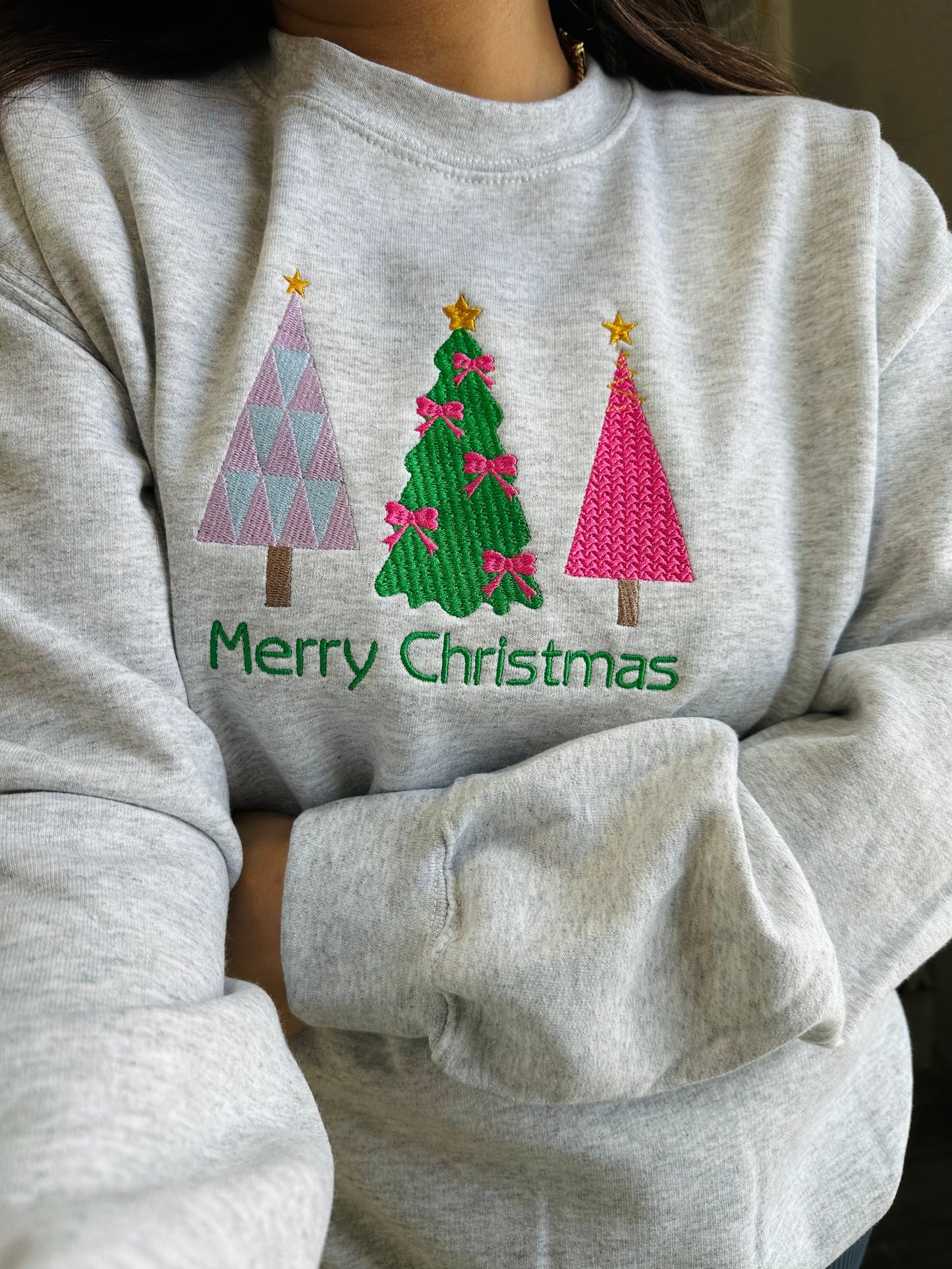 Merry Christmas Three Trees Embroidered Sweatshirt