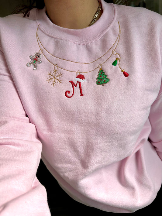 Personalized Christmas Necklace Embroidered Sweatshirt