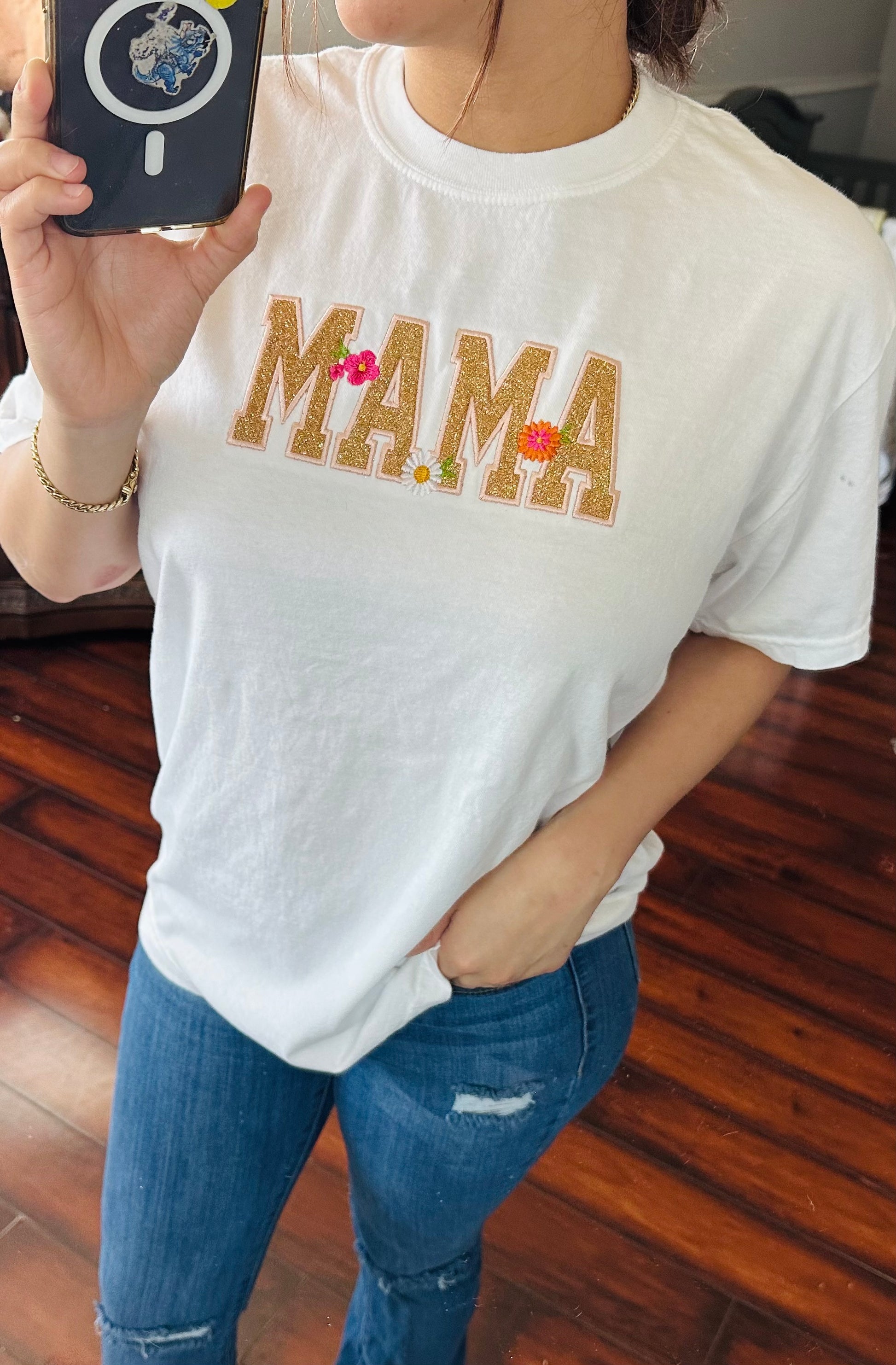 white mama t-shirt, on a model