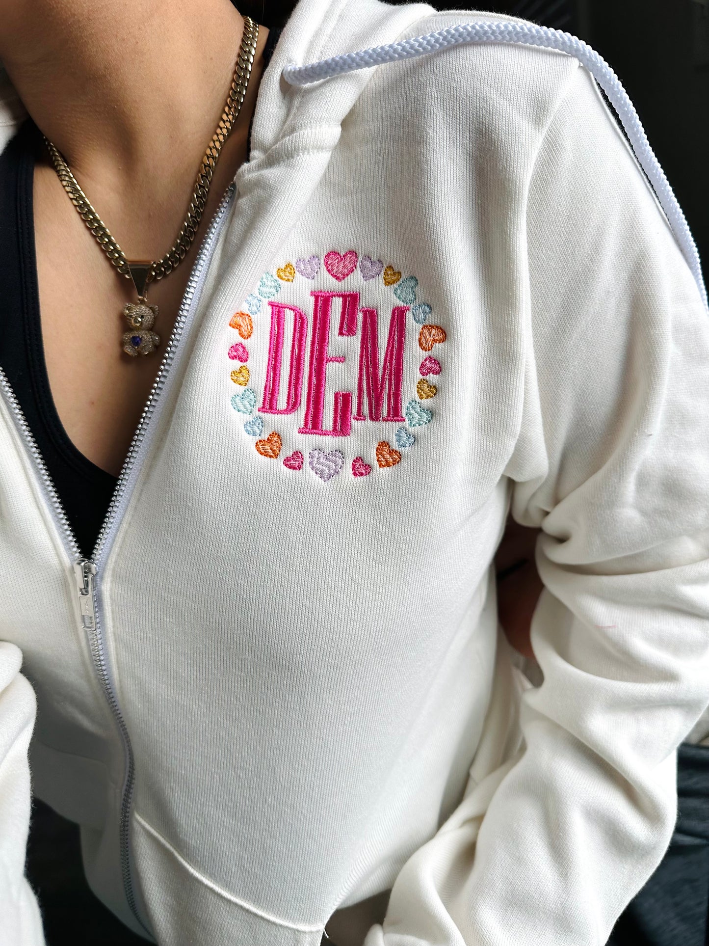 Personalized Initials Embroidered Full Zip Hoodie Valentine's Hearts