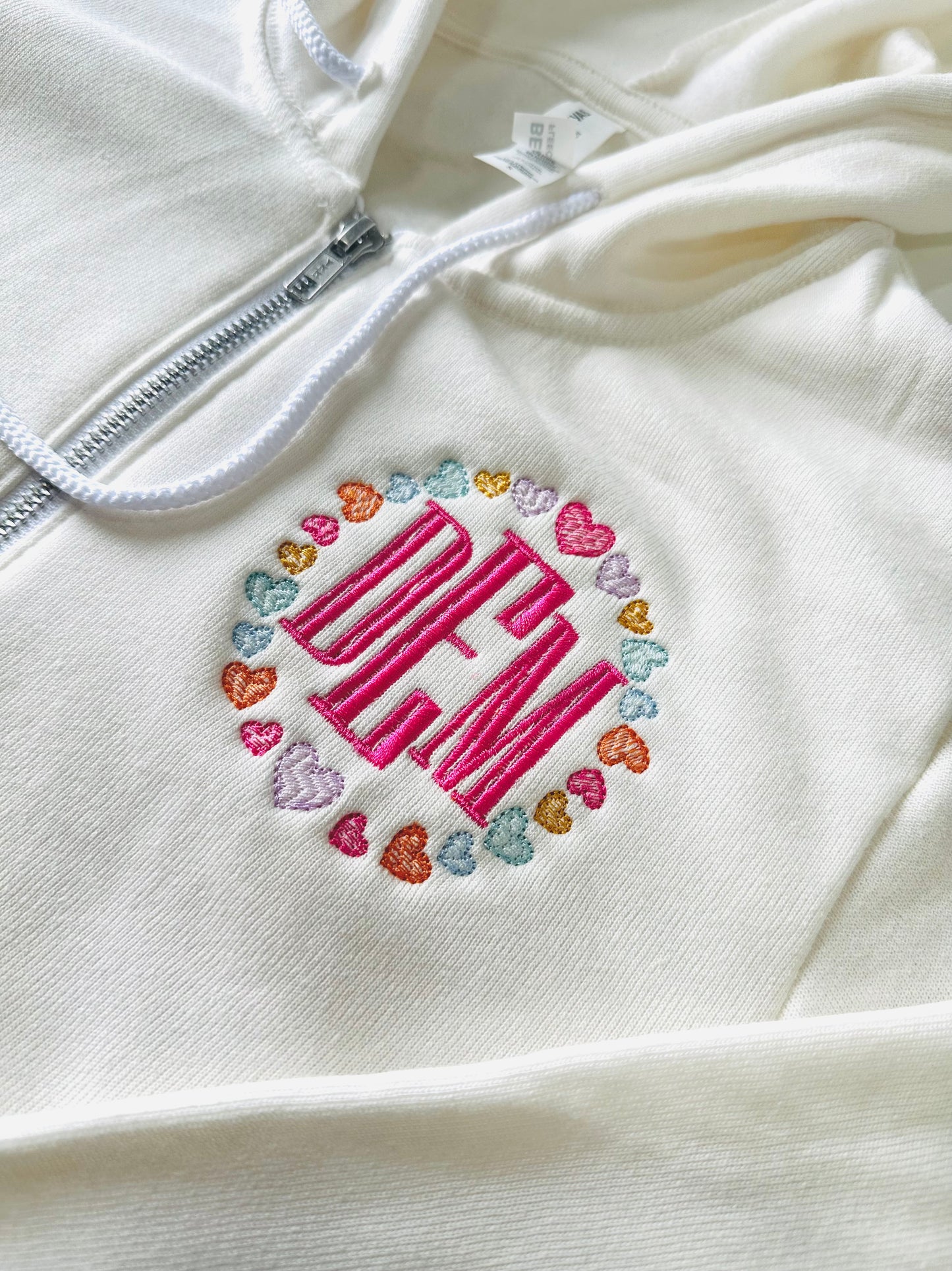 Personalized Initials Embroidered Full Zip Hoodie Valentine's Hearts