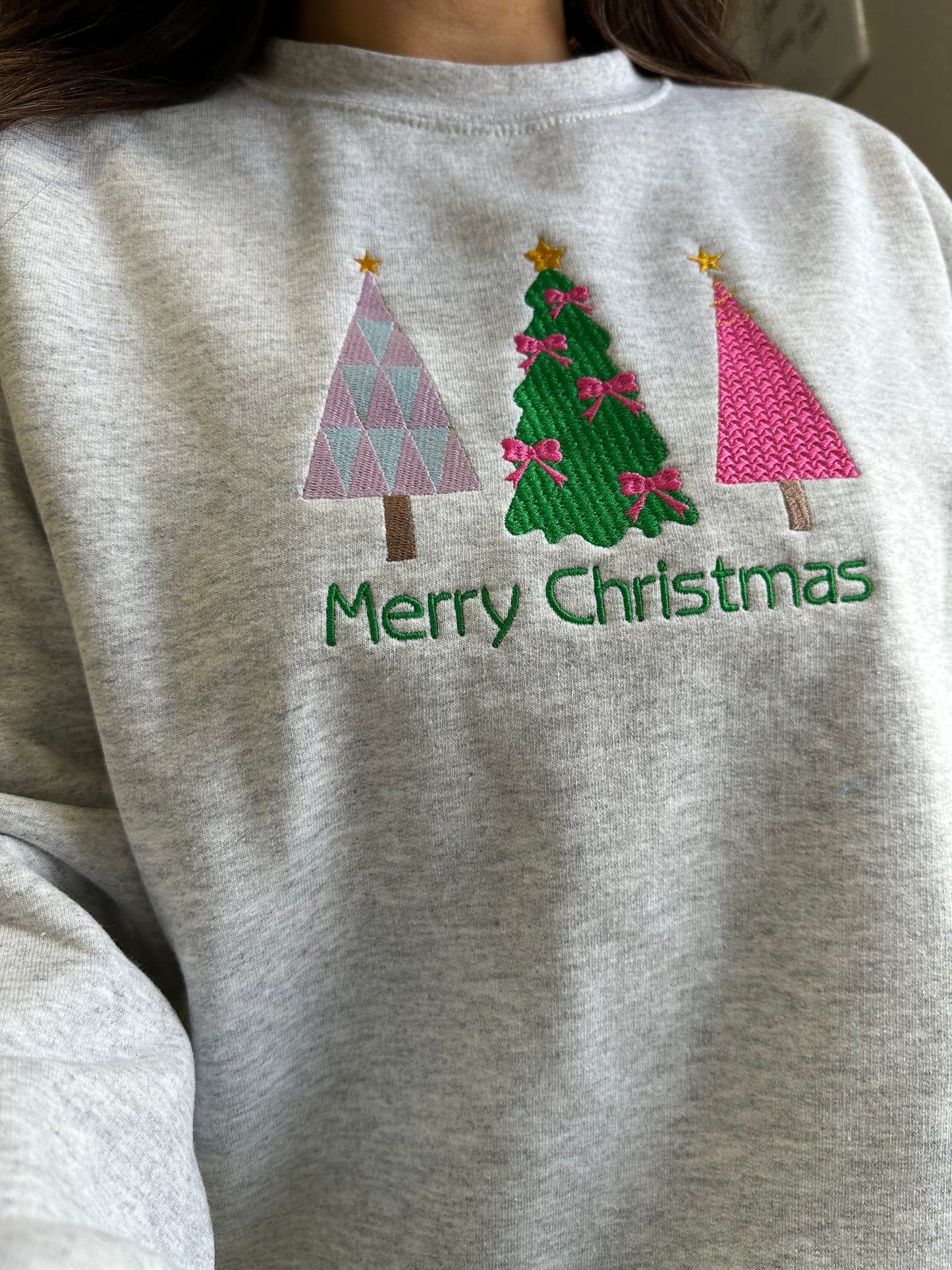 Merry Christmas Three Trees Embroidered Sweatshirt