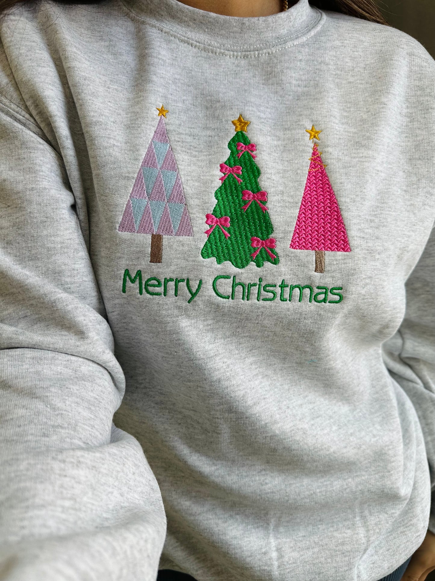 Merry Christmas Three Trees Embroidered Sweatshirt