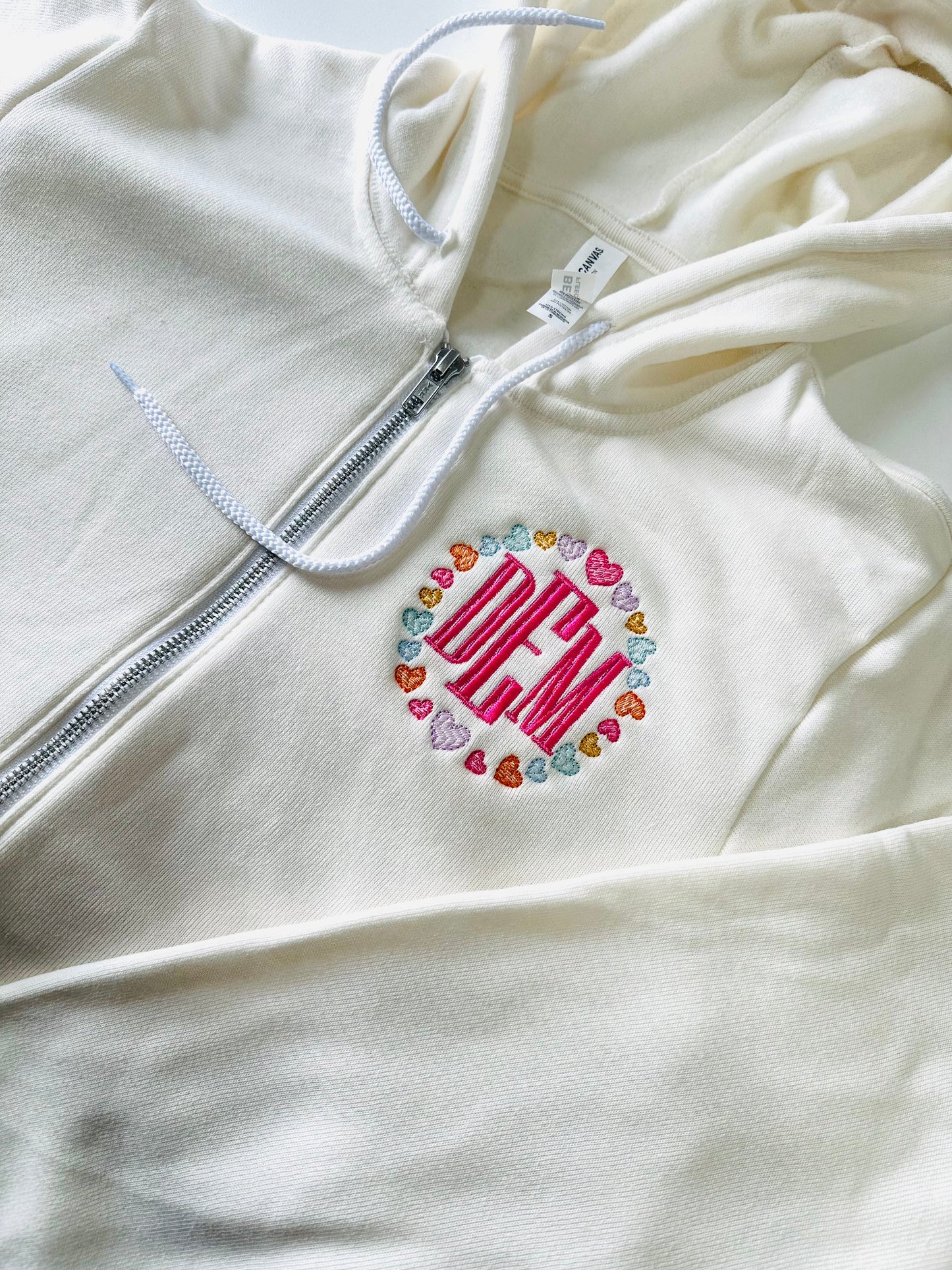 Personalized Initials Embroidered Full Zip Hoodie Valentine's Hearts