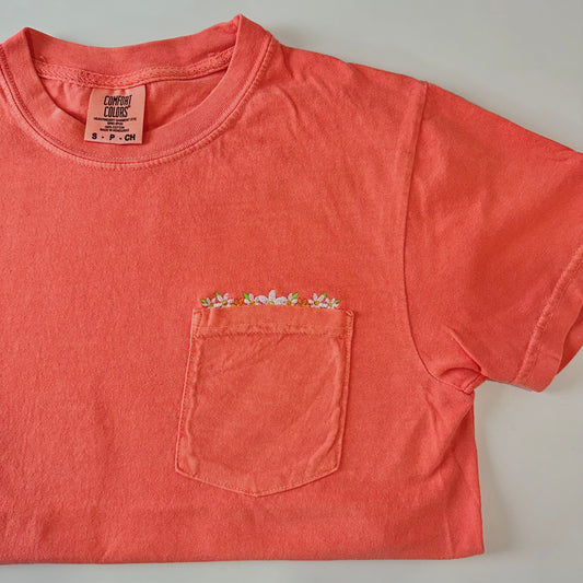 Floral Embroidery Tee with Pocket