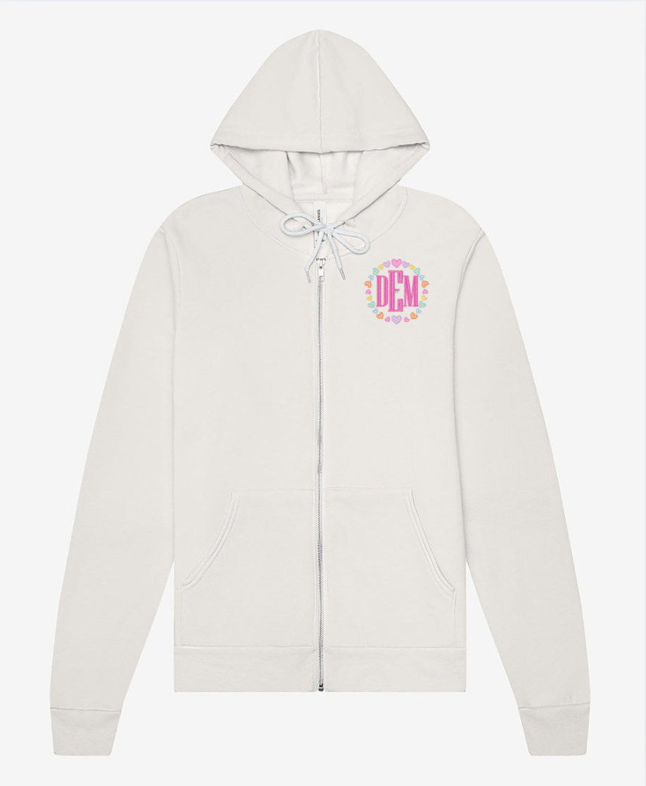 Personalized Initials Embroidered Full Zip Hoodie Valentine's Hearts